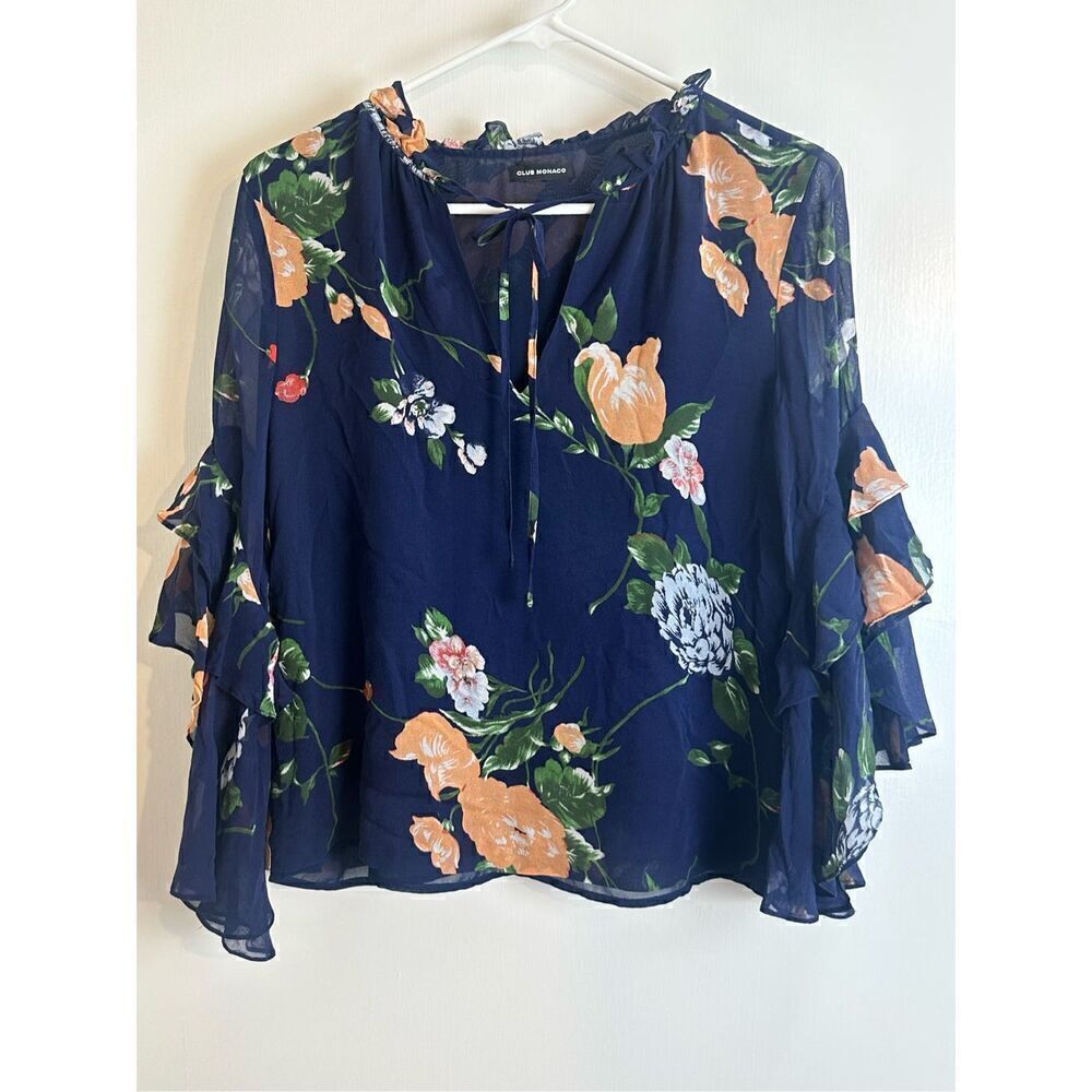 Susana Monaco SILK navy blue floral blouse size XS